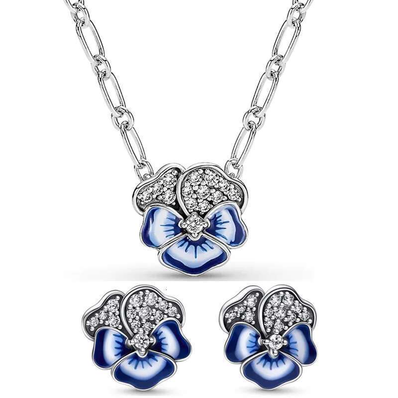 Authentic Sterling Sier Blue Enamel Pansy Flower Earring Necklace With Crystal For Women Jewelry Set Gift