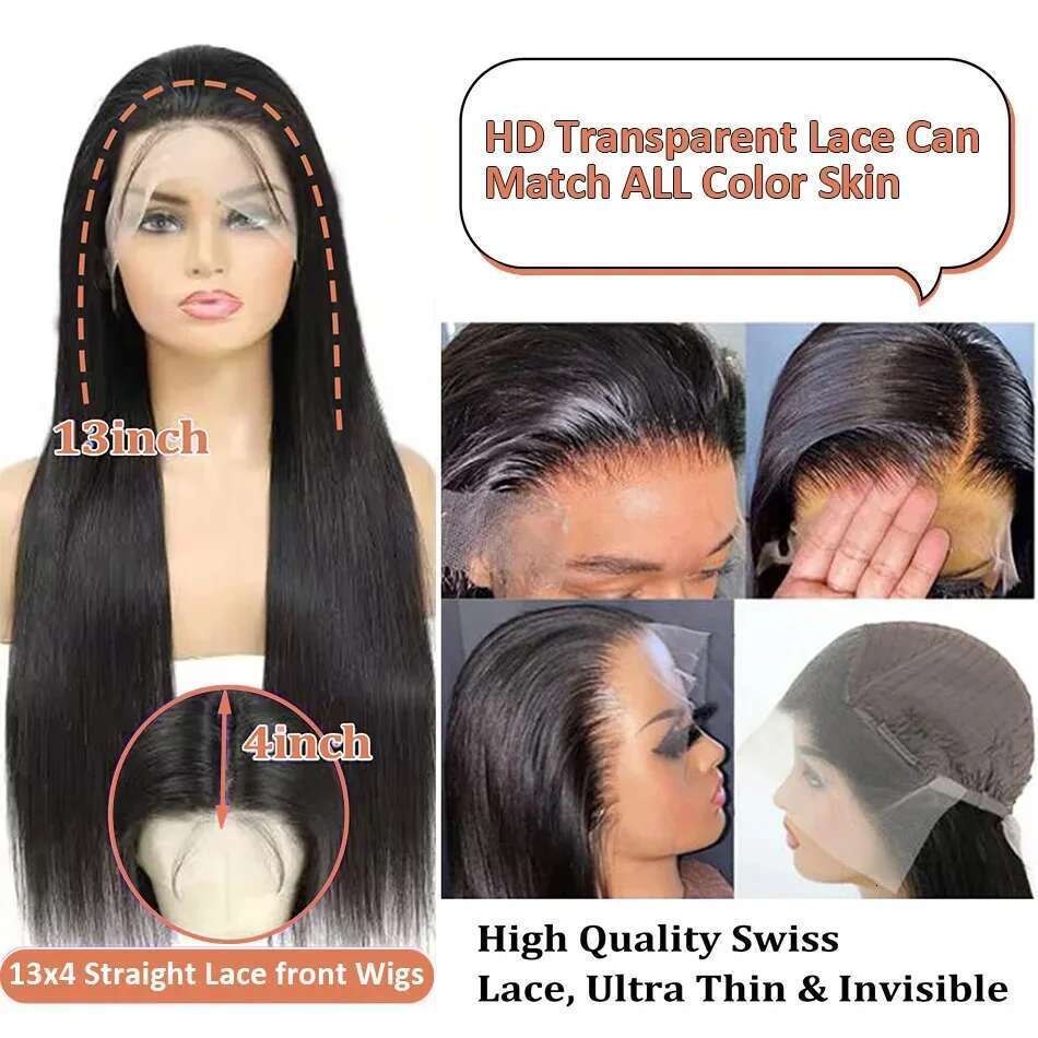 250 Density 13X4 13X6 HD Transparent Bone Straight 30 40 Inches Lace Front Human Hair Brazilian Frontal Wigs For Women