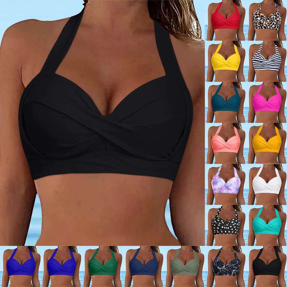 Women Solid Swimwear Hanging Neck Suspender Full Coverage Push Up Padded Bikini Backless Front Ruched Large Chest Bra
