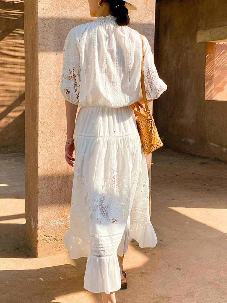 French Vacation Style ed White Blouse Lace Floral Midi Skirt Women Summer 100% Cotton HollowOut TwoPiece Dress Set 250515