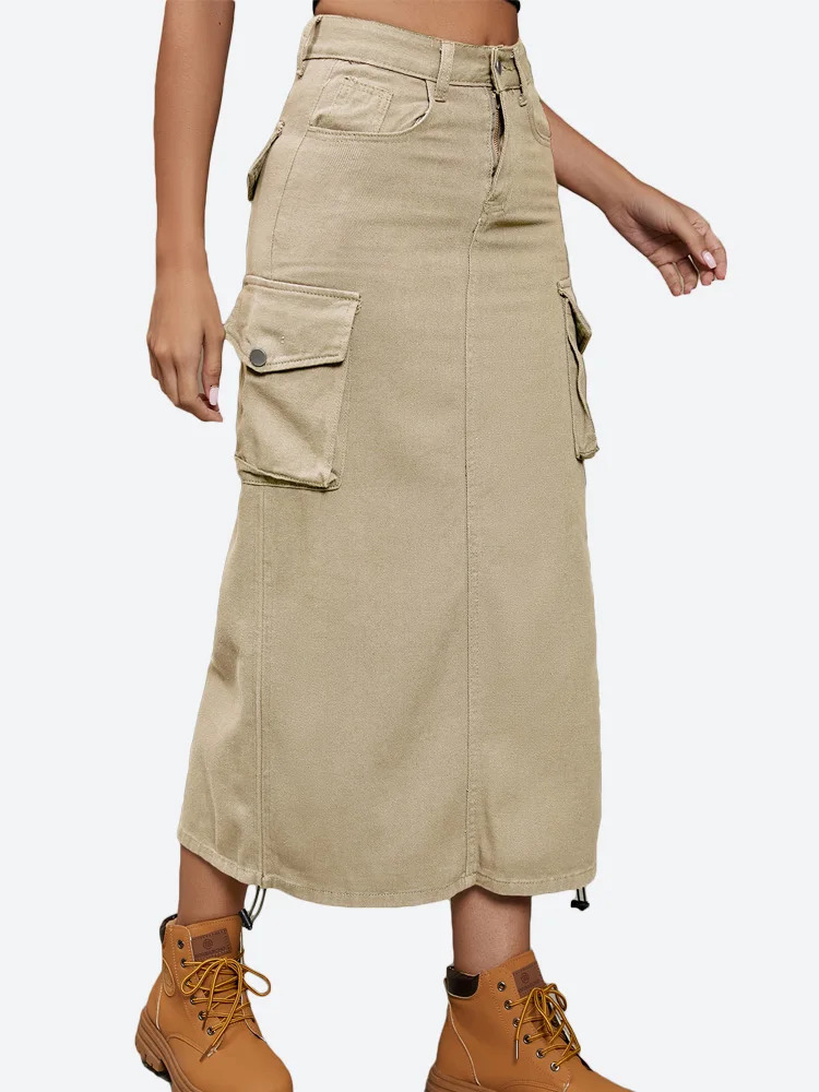 Benuynffy Women Drawstring Cargo Jean Skirt Fashion Vintage High Waist Straight Long Denim Skirts with Pockets Casual Streetwear 250515