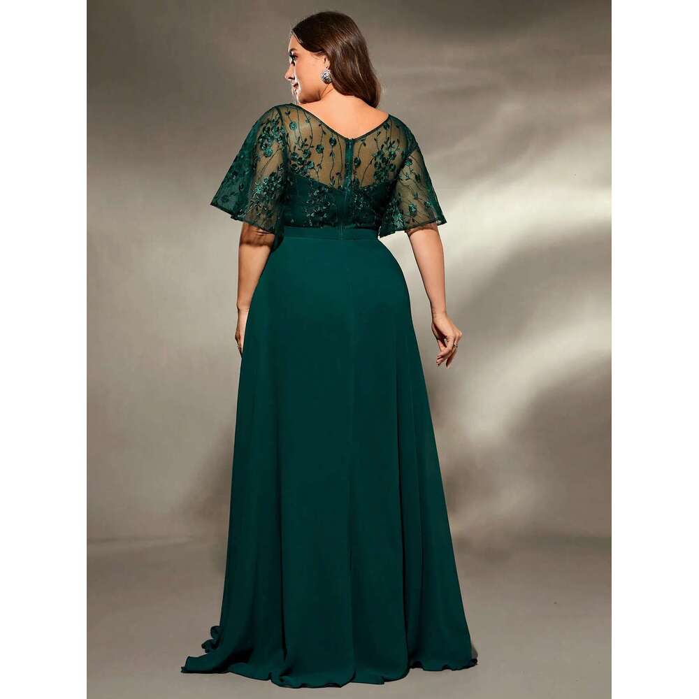 Mgiacy plus size V-neck See-through trumpet sleeve embroidered chiffon full skirt Evening gown Ball Party dress