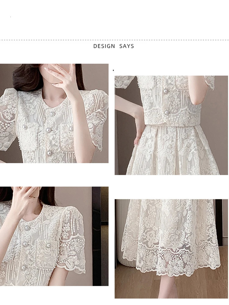 Summer y Lace 2 Piece Set Chic Women Beaded Flower Single Breasted Short Top A Line Midi Skirt Suits High Qu 250515