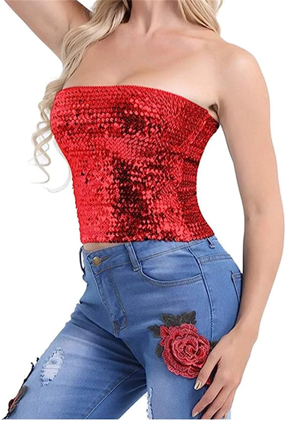 Womens Sparkly Sequin Mermaid Crop Tops Strapless Metallic Tube for Party Clubwear 250515