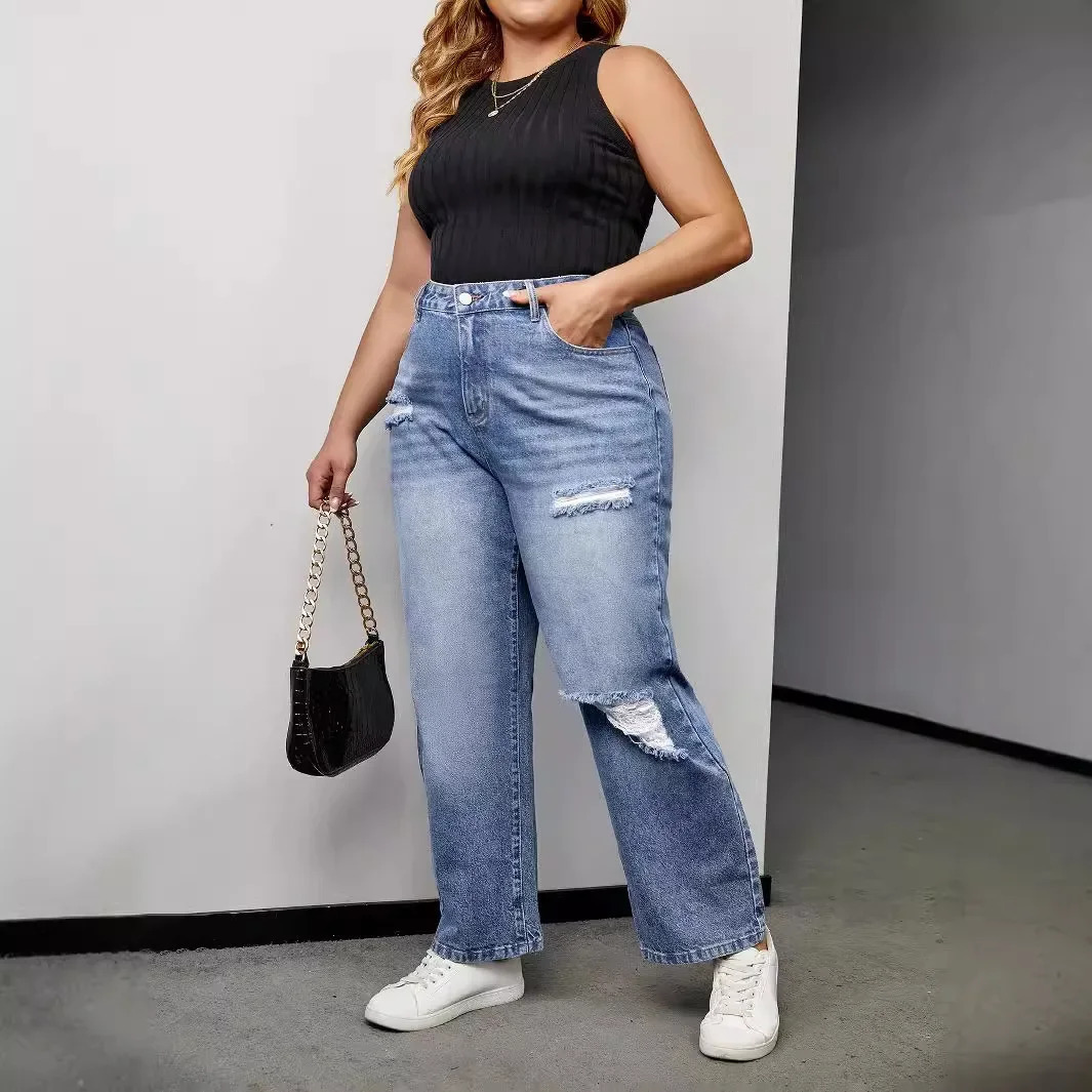 Trendy Hole Jeans Women Comfortable plus Size Big Jeans plus Size Comfortable Fit Womens Denim Jeans plus Size 250515