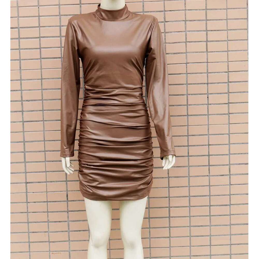 PU Leather Nightclub Sexy Half High Collar For Women Long Sleeve Bodycon Dress Slim-Fit Hip-Hing Party Vestidos