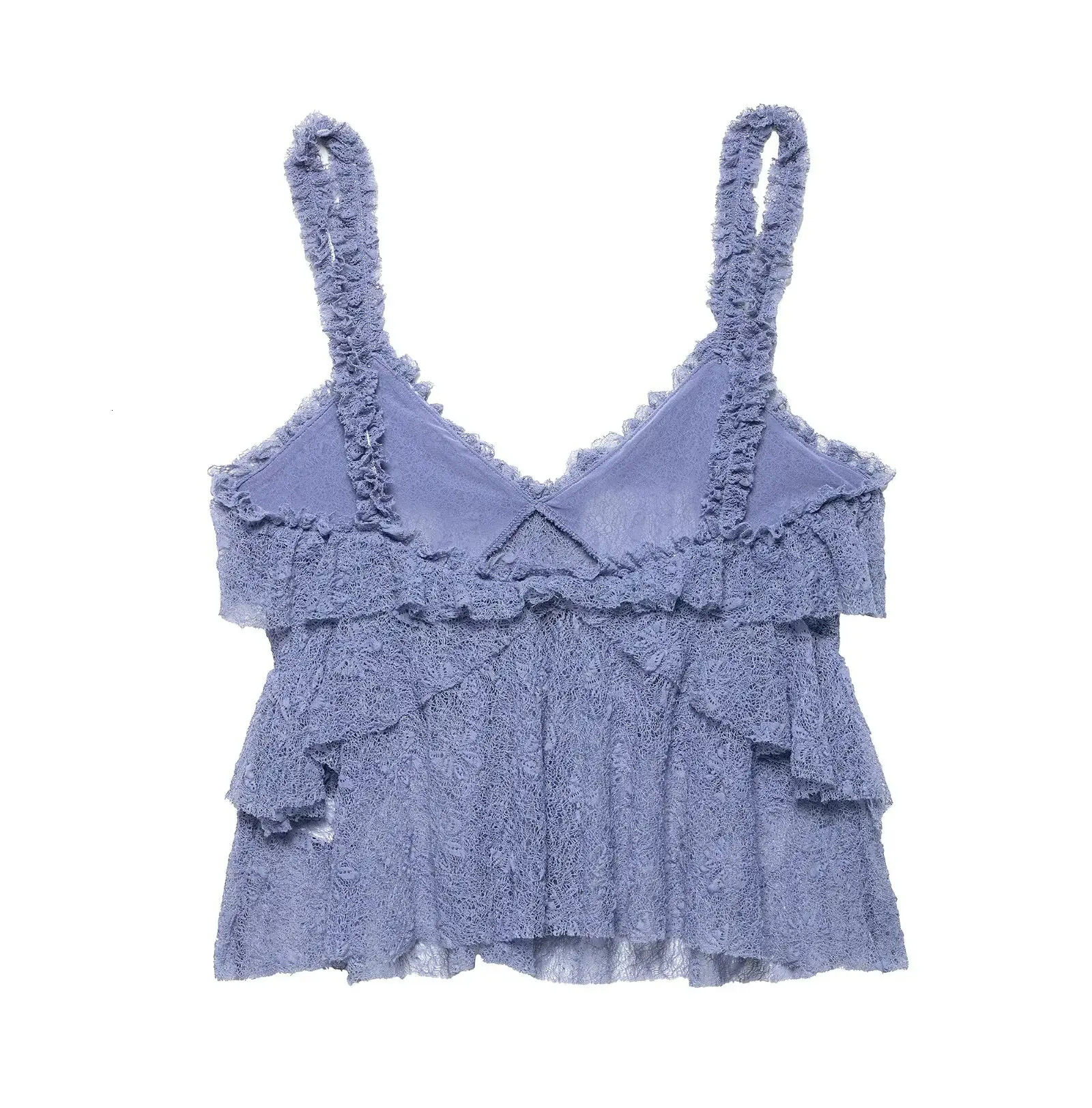 Zevity Women Chic Pleated Ruffles Lace Crochet Perspective Sling Camis Tank Lady Sexy V Neck Shirt Blouse Tops LS9113 250515
