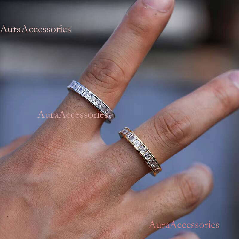 Hiphop Dainty Jewelry White Gold Plated Brass Iced Out Baguette 1 Rows Cz Tennis Chain Bling Cubic Zircon Sliver Rings