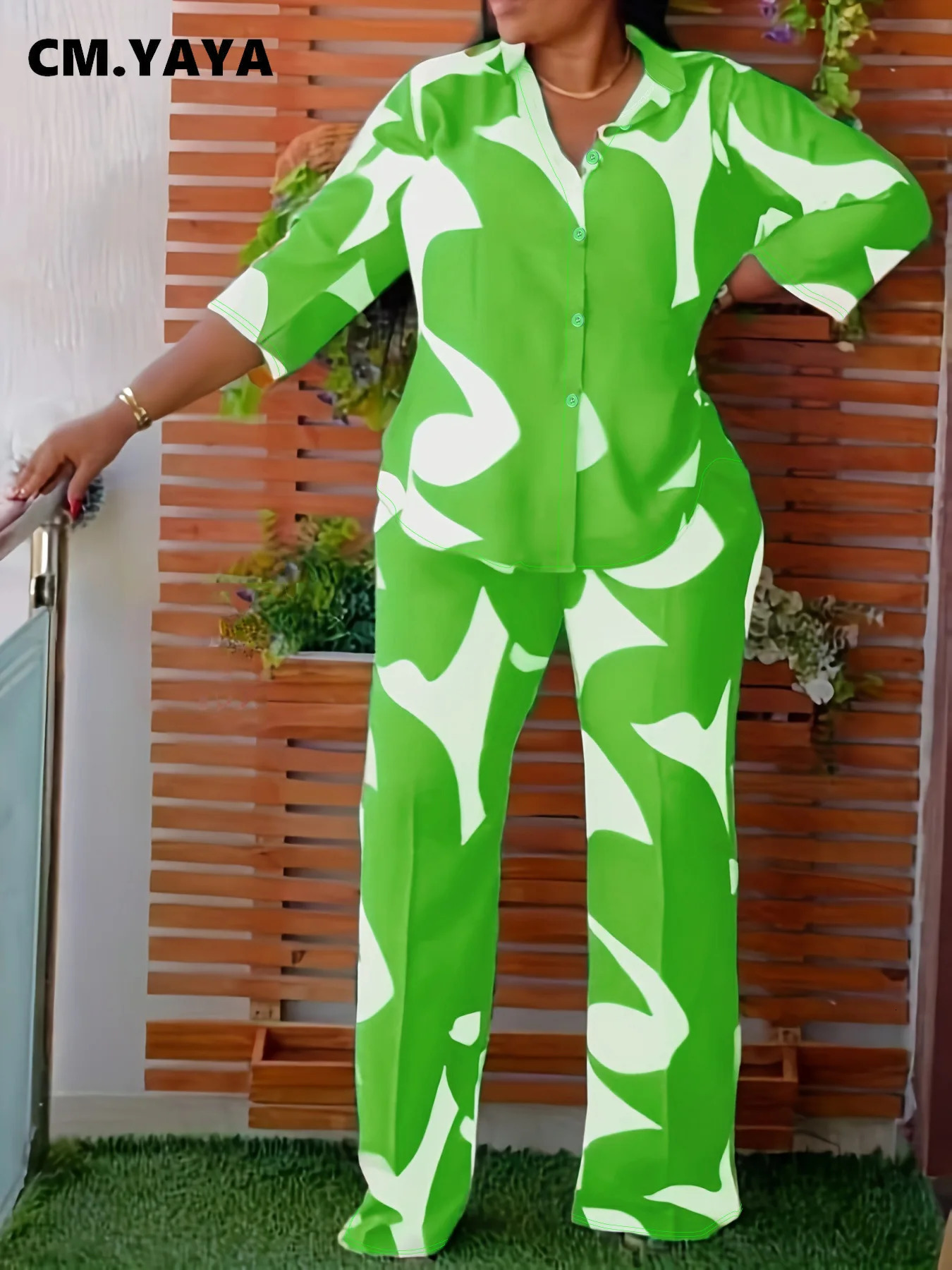 CM.YAYA Plus Size Loose Half Sleeve Women Set Button Shirt Straight Pants Suits Streetwear Tracksuit Summer Two 2 Piece Set 250514