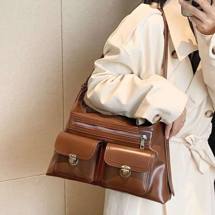 High Quality Ladies Crossbody Women Leather Solid Underarm Bags Winter Vintage Large Shoulder Multi Pocket Messenger Bag