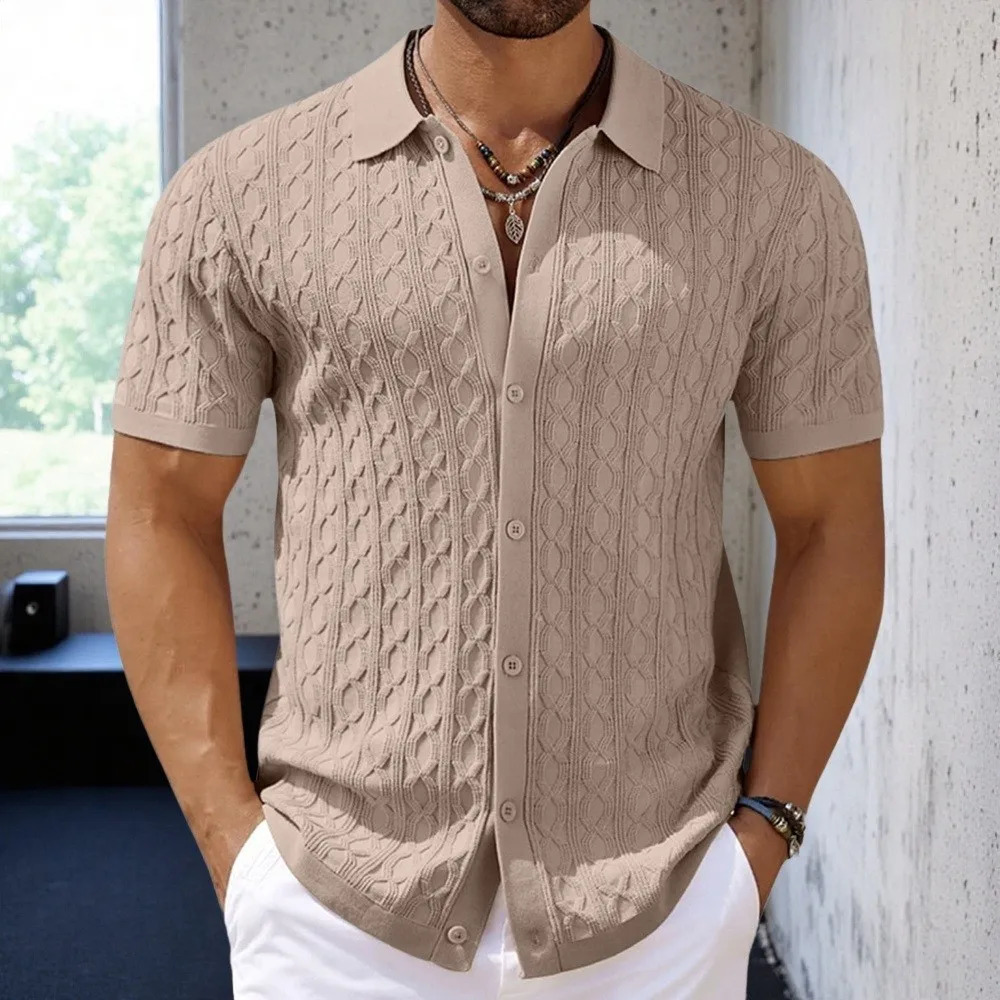 Mens Light Button-down Leisure Knitted Polo Shirt Retro Solid Color Short Sleeve Chic Fashion Jacquard Knitwear 250515