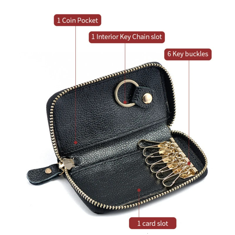 Split Leather Key Holder Bag with 2 Card Slot 6 Hooks 1 Access CardKey Case Car Key Holder Wallet for Men Women 250515