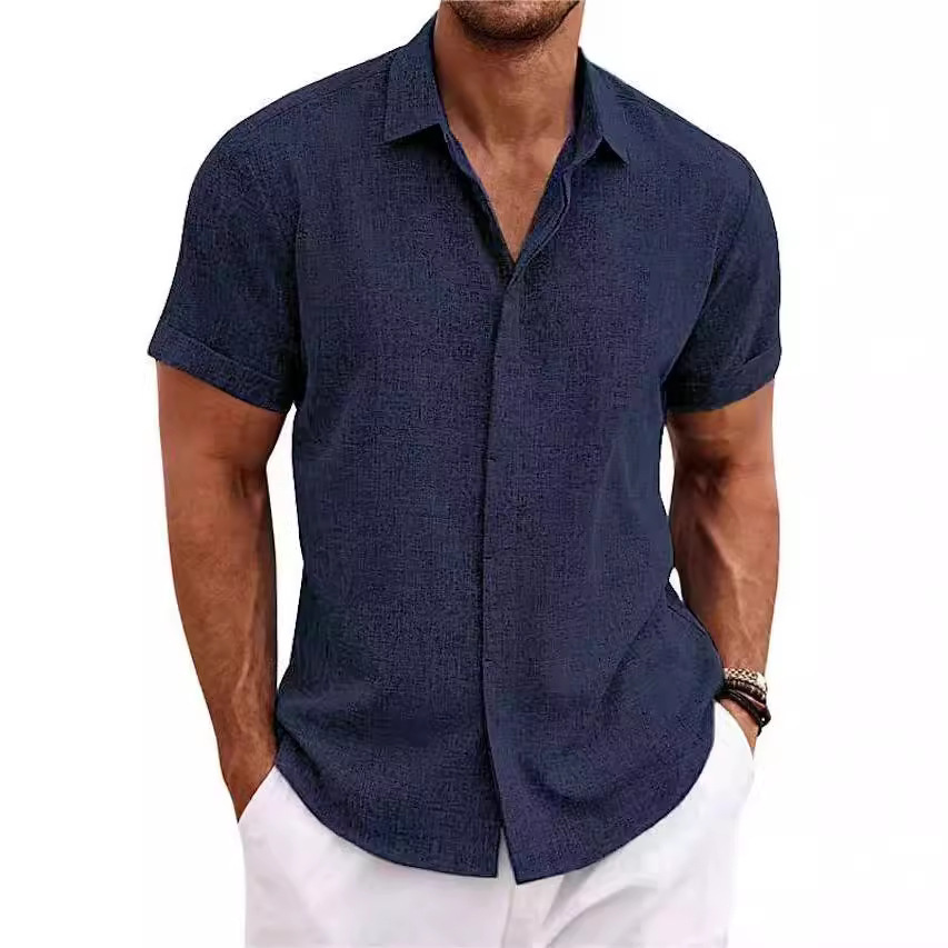 2025 Spring And Summer New Men's Double Breasted Designer Design Cotton And Hemp Cardigan High Quality Solid Color Short Sleeve Shirt