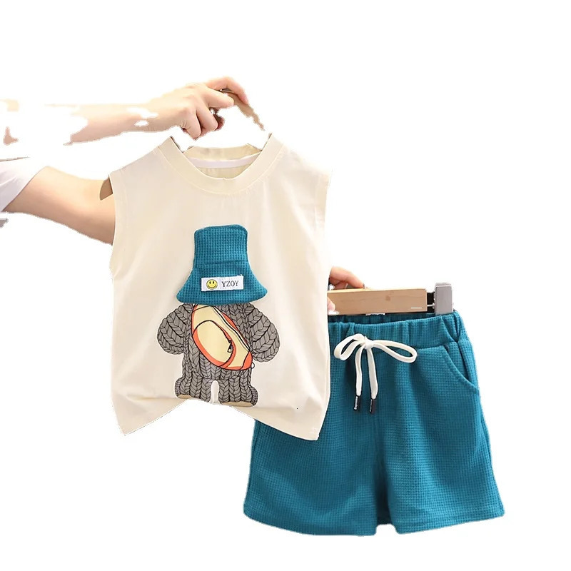 Korean Children Summer Sets Girl Boy Sleeveless Vest Shorts Suit Child Clothing Fashion Outfits Kids Costume 250515