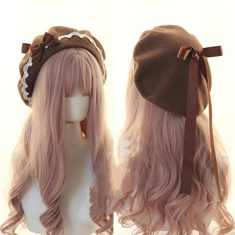 Lolita Girls Cute Bowkont Beanie Women Casual Beret Hat Painter Hat Unisex Artist Cap Dome Pink solid color decorate Wholesale 250514