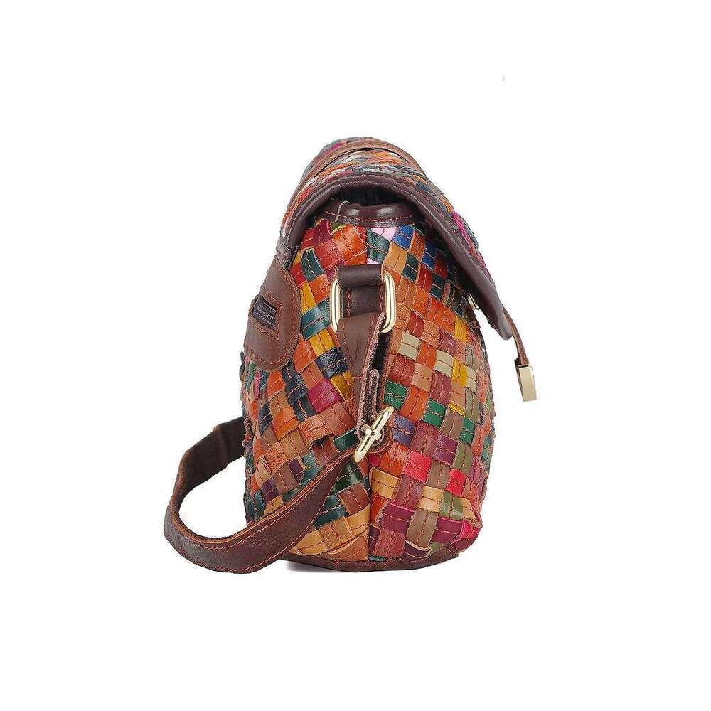Genuine leather handmade woven colorful striped color matching small casual ethnic style shoulder bag for women