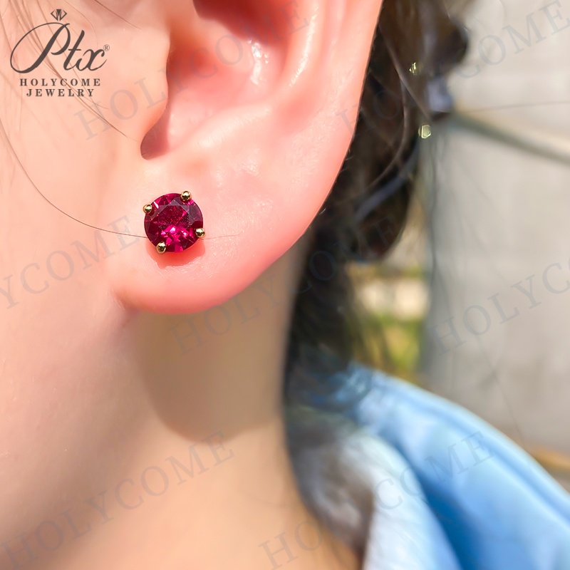 Solitaire Lab Ruby Red Stud Earrings Women 925 Sterling Silver Round Cut Ruby 5.0/6.5mm Parties Engagements Pair Push Back Stud Wedding Gift