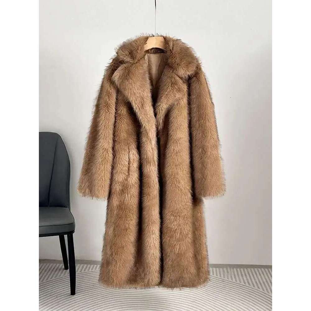 DEAT Fashion Women's Faux Fur Coat Lapel Long Sleeve Solid Color Loose Thick Warm Camel Jackets Winter 2024 New 7Ab5403