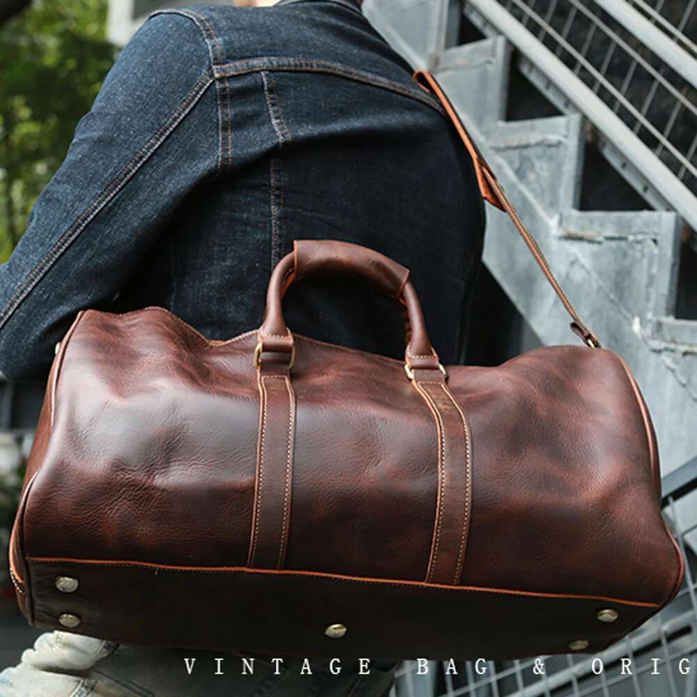 Geunine Leather Vintage Men's Hand Lage Travel Bag Large Capacity Single Shoulder Messenger Boston Bag For 17 Inch Laptop