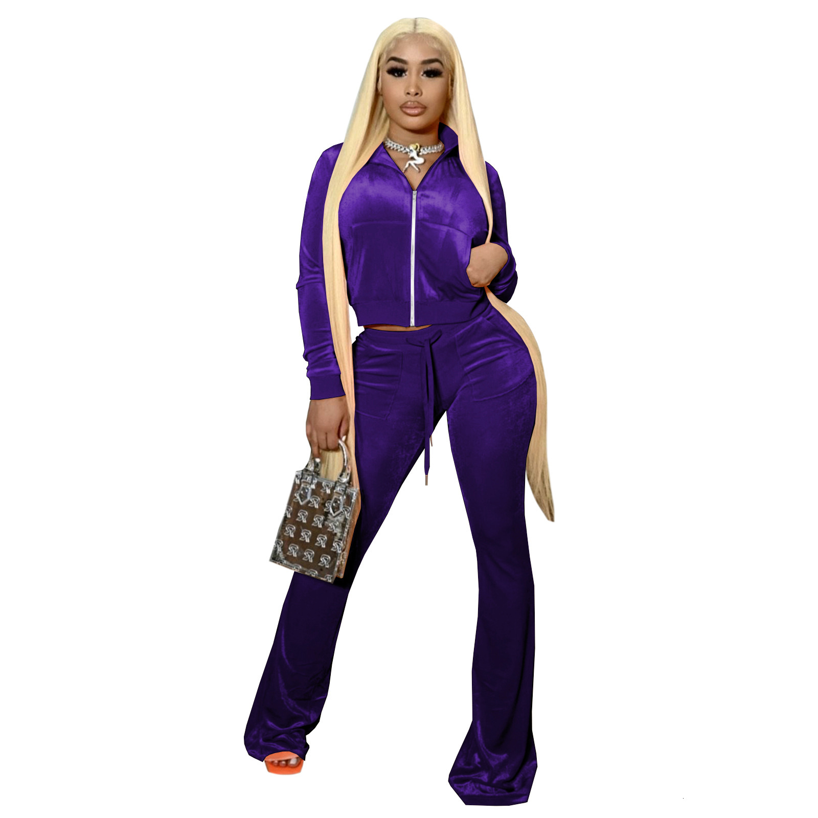 Hr8191 fashion womens quality solid color open navel flared pants set