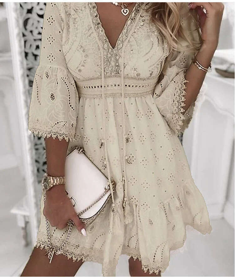 White Dress Maxi Dress Women's Clothing New Hot Selling V-Neck White Hollow Tassel Embroidered Dress KQ