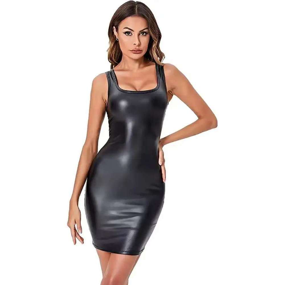 S-5Xl Sleeveless Faux PU Leather Hot Dress Tights Package Hip Minifalda Sexy Dresses Vestido Sundress Miniskirt Clubwear Robe