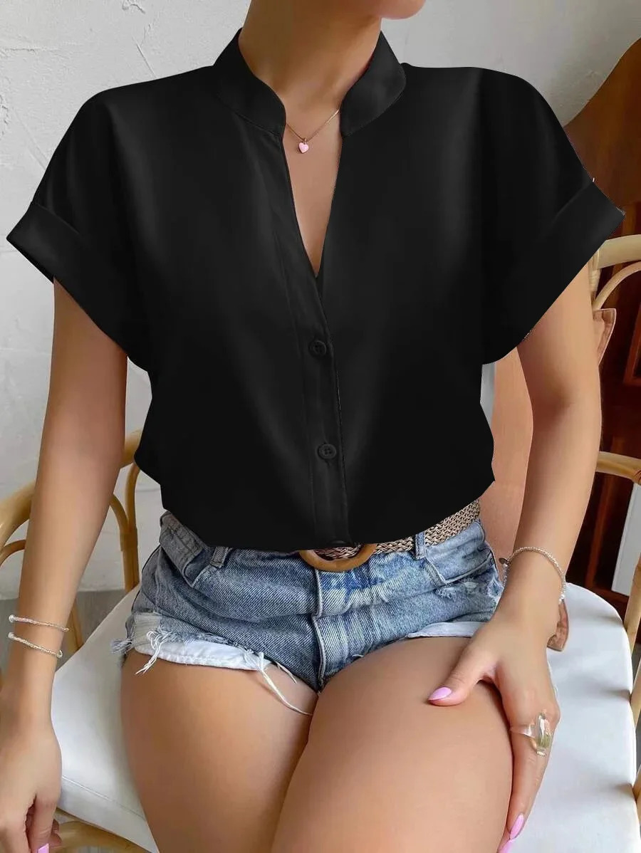 Summer V-neck Pullover Short Sleeved Female Solid Color Casual Shirt Womens Clothing Button Office Lady Blouse Tops 250514