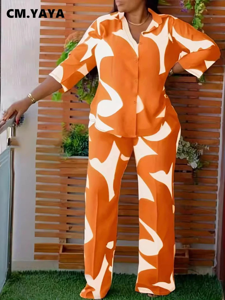CM.YAYA Plus Size Loose Half Sleeve Women Set Button Shirt Straight Pants Suits Streetwear Tracksuit Summer Two 2 Piece Set 250514