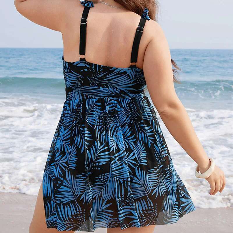Women's Plus Swimsuit 2024 Stylish Swimwear One Piece Tankini V-Neck Split Hem Swim Dress Large Size Bodysuit Beach Wear
