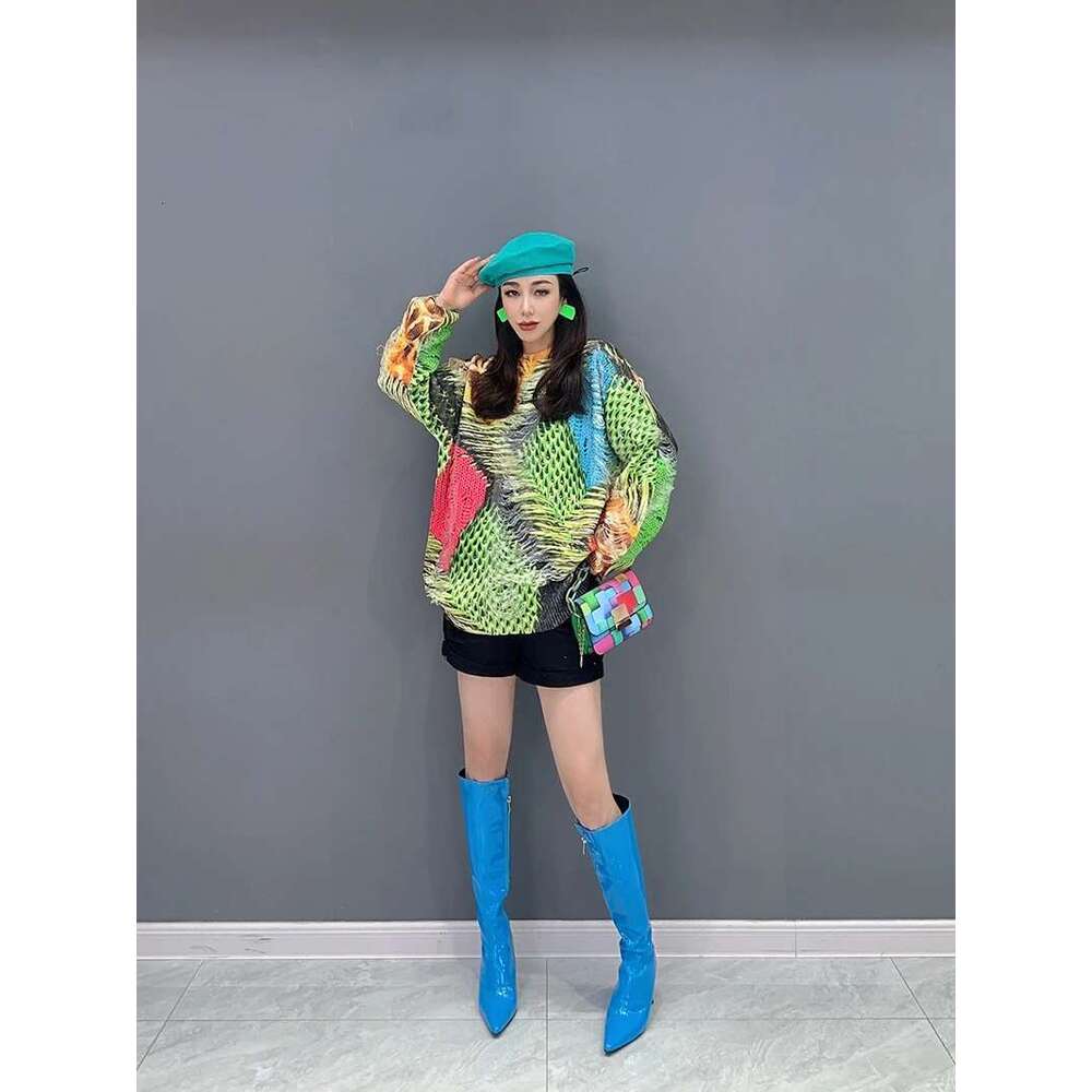 2306 Winter Knitwear Womens Holes Design Printed Warm Sweaters Ladies Loose Casual Pullover Fashion Big Size Jumpers Designer