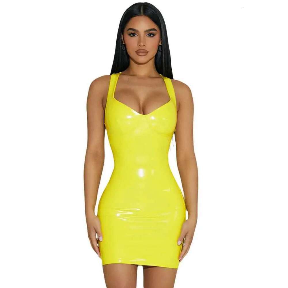 Sleevelss Wet Look PVC Vestido Deep V-Neck Shiny PU Leather Hot Dress Tight Package Hip Minifalda Sexy Clubwear Camisole Dresses