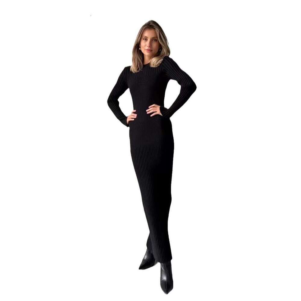 White Dress Maxi Dress Long Sleeved Autumn And Winter Woolen Women, Knitted Round Neck, Pit Stripe, Solid Color, Tight Fitting Dress For Women KQ