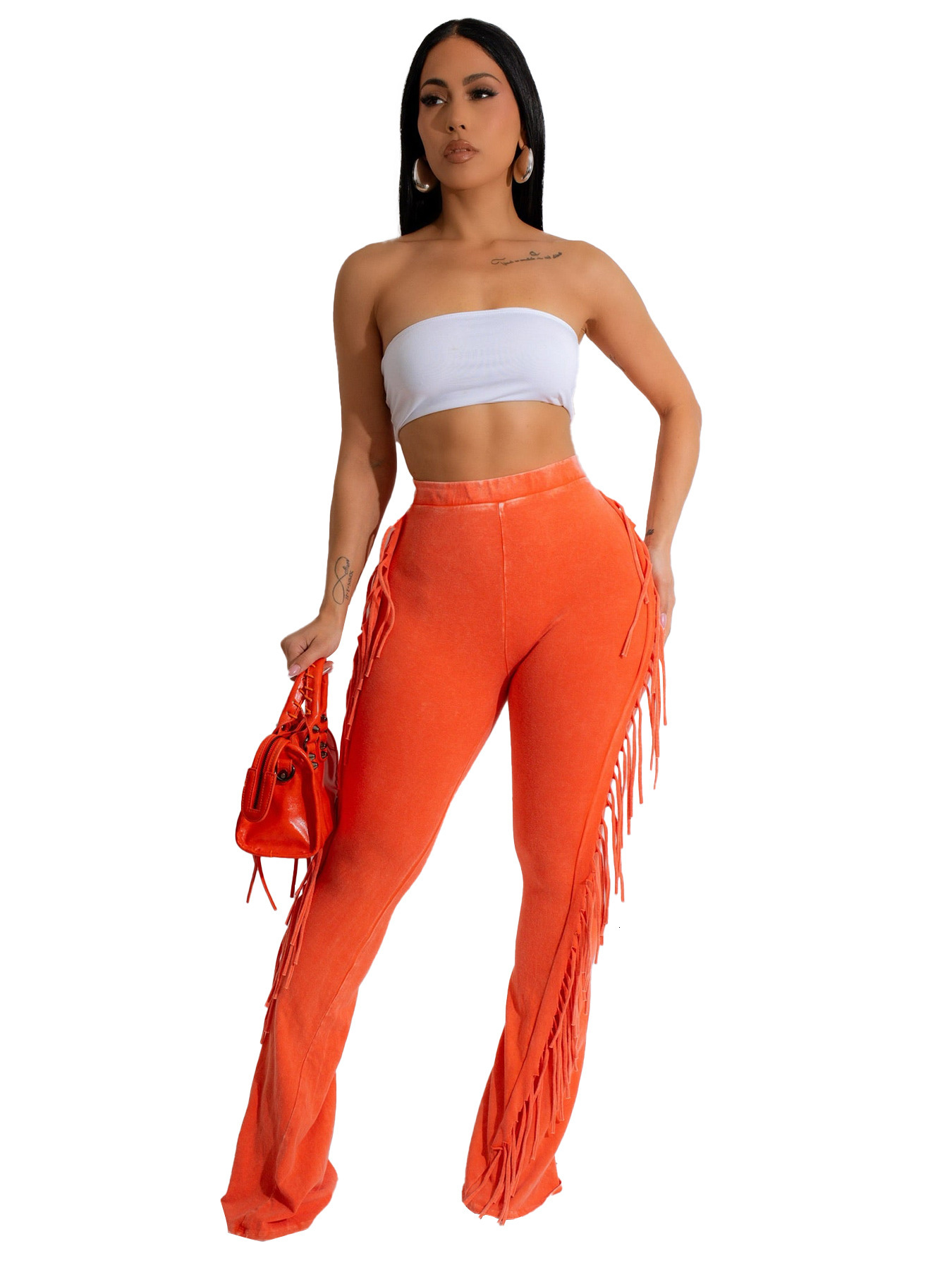 HR24049 casual womens cotton washed distressed tassel elastic tight micro flared pants