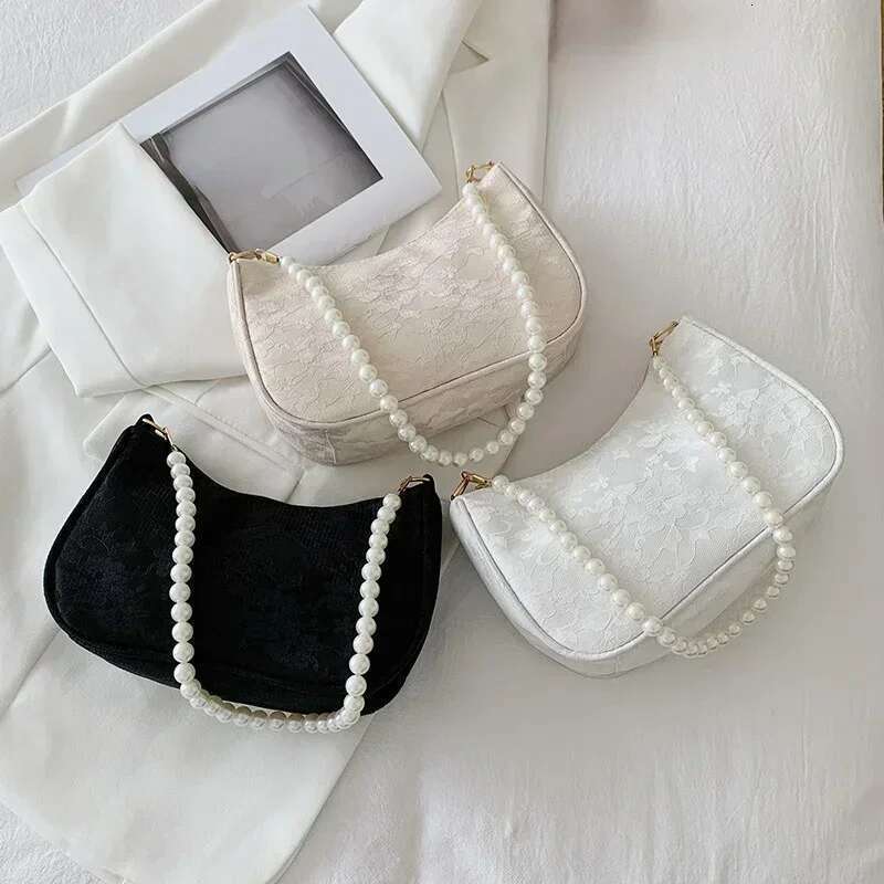 Pleated Womens Minimalist Underarm Retro Pearl Chain Shoulder Crossbody Fashion French Stick Bag