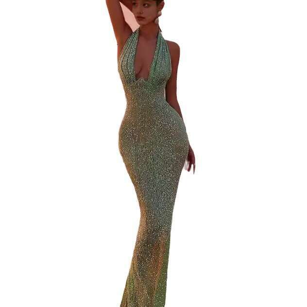 Sleeveless neck hanging deep V-neck dress sexy backless sequin high-end fishtail long skirt