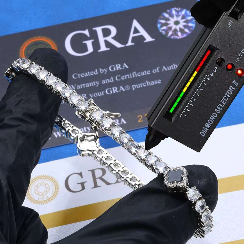 Hip Hop Men S925 Silver Moissanite Bracelet New 4mm Clover Tennis Chain for Gift