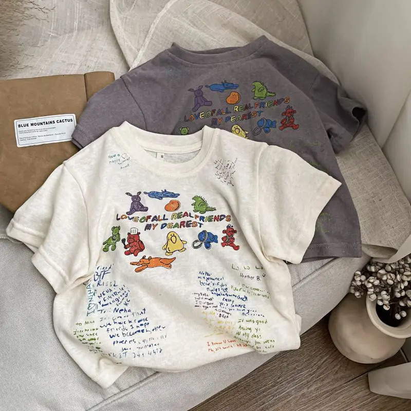 Korean Summer Baby Boy Shirt Pure Cotton Contrat Animal Letter Short Sleeve Kid Boy Tees Soft Round Collar Little Boy Undershirt 250515