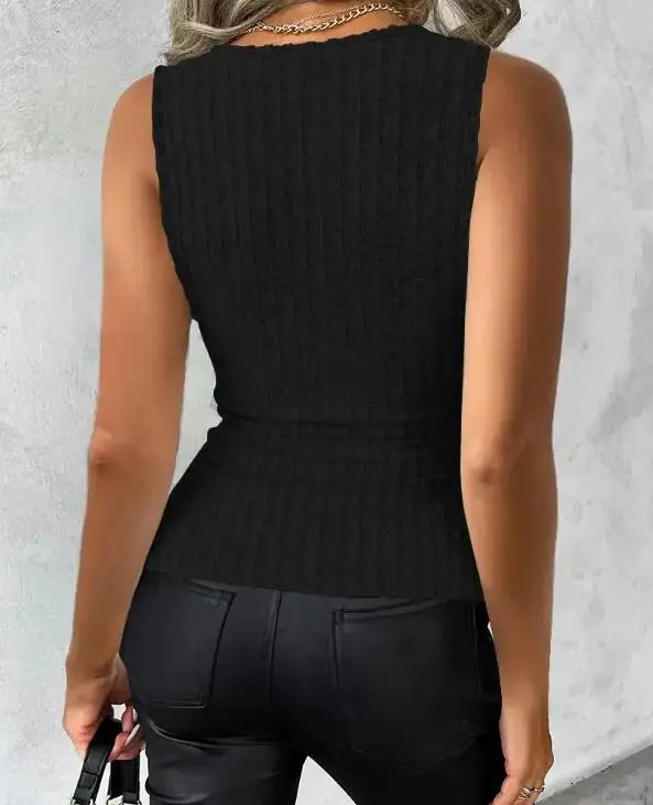 Womens Sexy Ribbed Knit Tank Top with Button Details VNeck Sleeveless Stretch Fit Machine Washable Black Polyester 250506