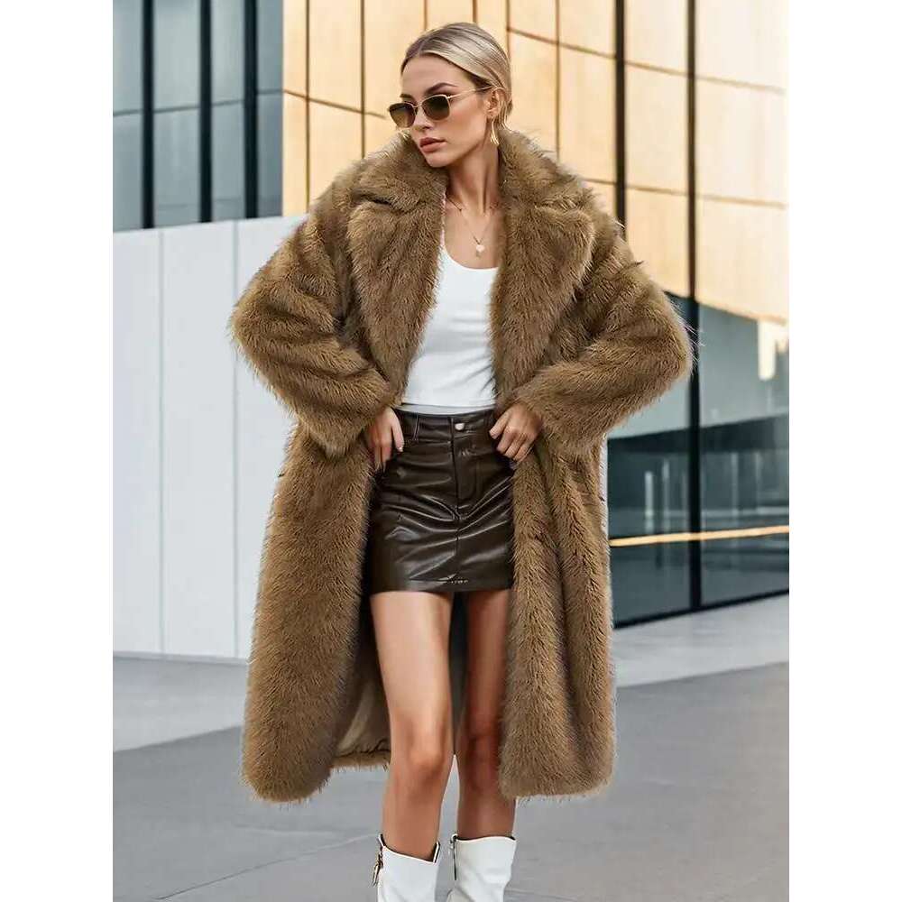 DEAT Fashion Women's Faux Fur Coat Lapel Long Sleeve Solid Color Loose Thick Warm Camel Jackets Winter 2024 New 7Ab5403