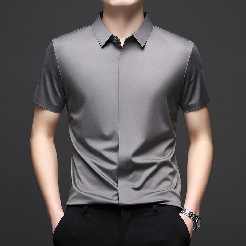 Men's Short Sleeve 2025 Summer Stretch Business Casual Solid Color Ice Silk Shirt Designer Men's Clothing