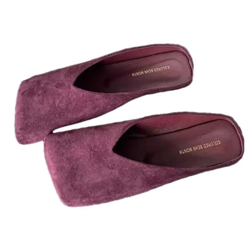 Women Suede Flats Mules Shoes Square Toe Slingback Slippers Casual Sandals 2025 Trend Summer Dress Flip Flops Cozy Mujer Slides