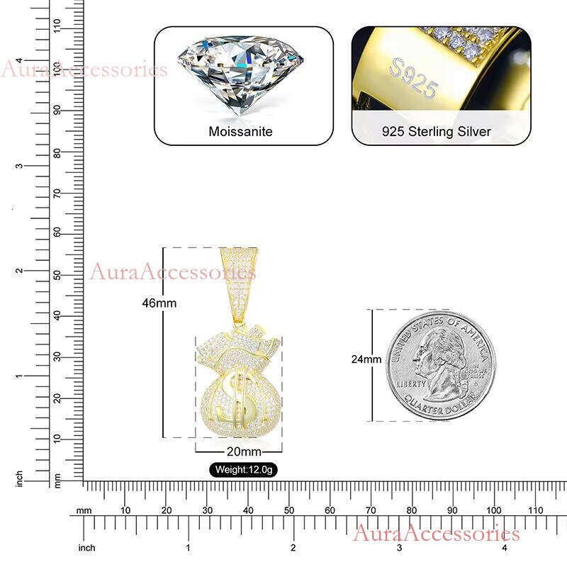 Pass Dia Tester Punk Style Moissanite Money Bag Sterling Sier Dollar Pendant for Party
