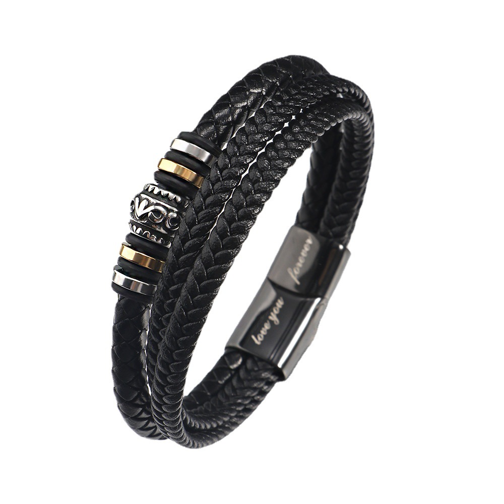 Trendsetting Man's Bracelets: Luxury Stainless Steel Strapped With Genuine Leather Band Featuring Individualized Inscription