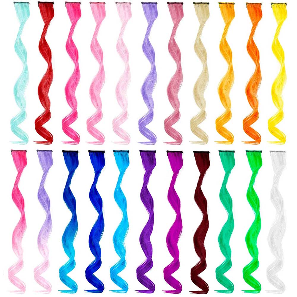 LeeWin 20" 22Pcs Single Color Party Highlights Clip in Hair Extensions Multi-Colors Hair Streak Synthetic Hairpieces 20 Colors in Set Curly Wavy