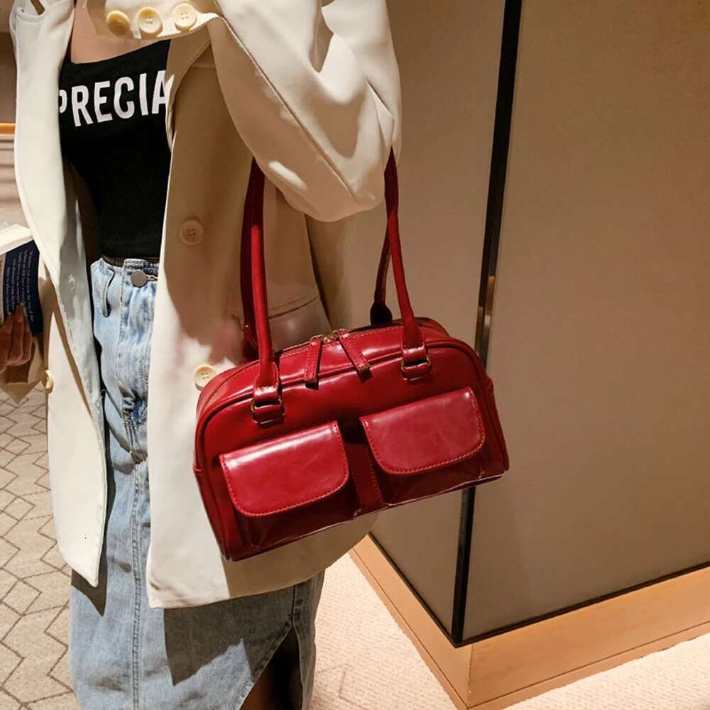 Retro Red Women's Satchel Hobo Patent Leather Multi Pocket Designer Handbag Female Shoulder Underarm Bag Tote Purses