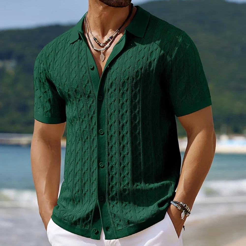 Mens Light Button-down Leisure Knitted Polo Shirt Retro Solid Color Short Sleeve Chic Fashion Jacquard Knitwear 250515