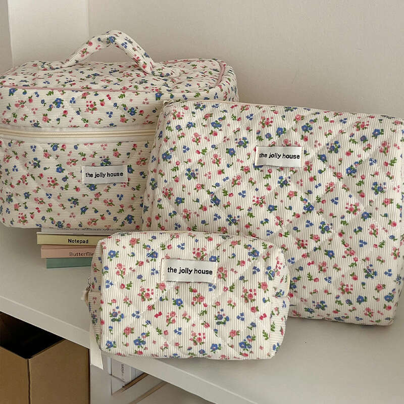 Corduroy Floral Bag, Large Capacity, High Beauty Value, Convenient Handheld Makeup Storage, Washroom Storage Bag