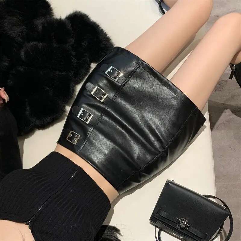 Black Mini Pu Leather Skirt Women Korean Fashion High-Waisted Elasticity Punk Style Bodycon Goth Sexy Skirts Female