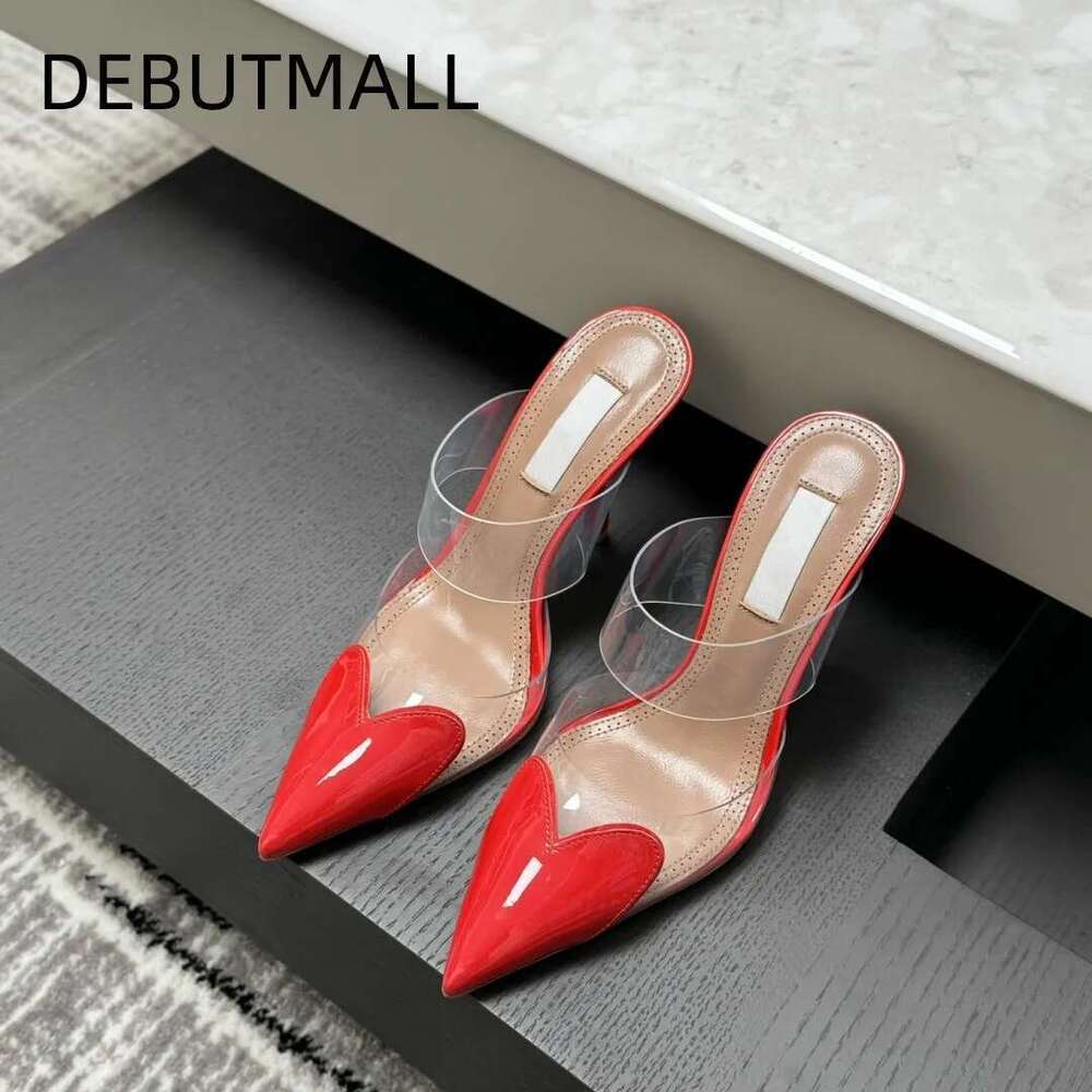 Real leather transparent toe cap sandals for women with slim heels, spring and summer new style French heart-shaped pointed high