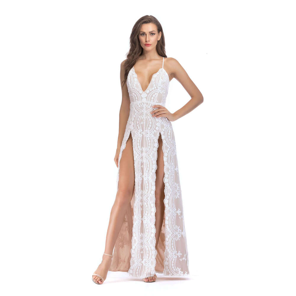 White Dress Maxi Dress 2018 New Sexy Backless Strap Sequin Split Dress KQ